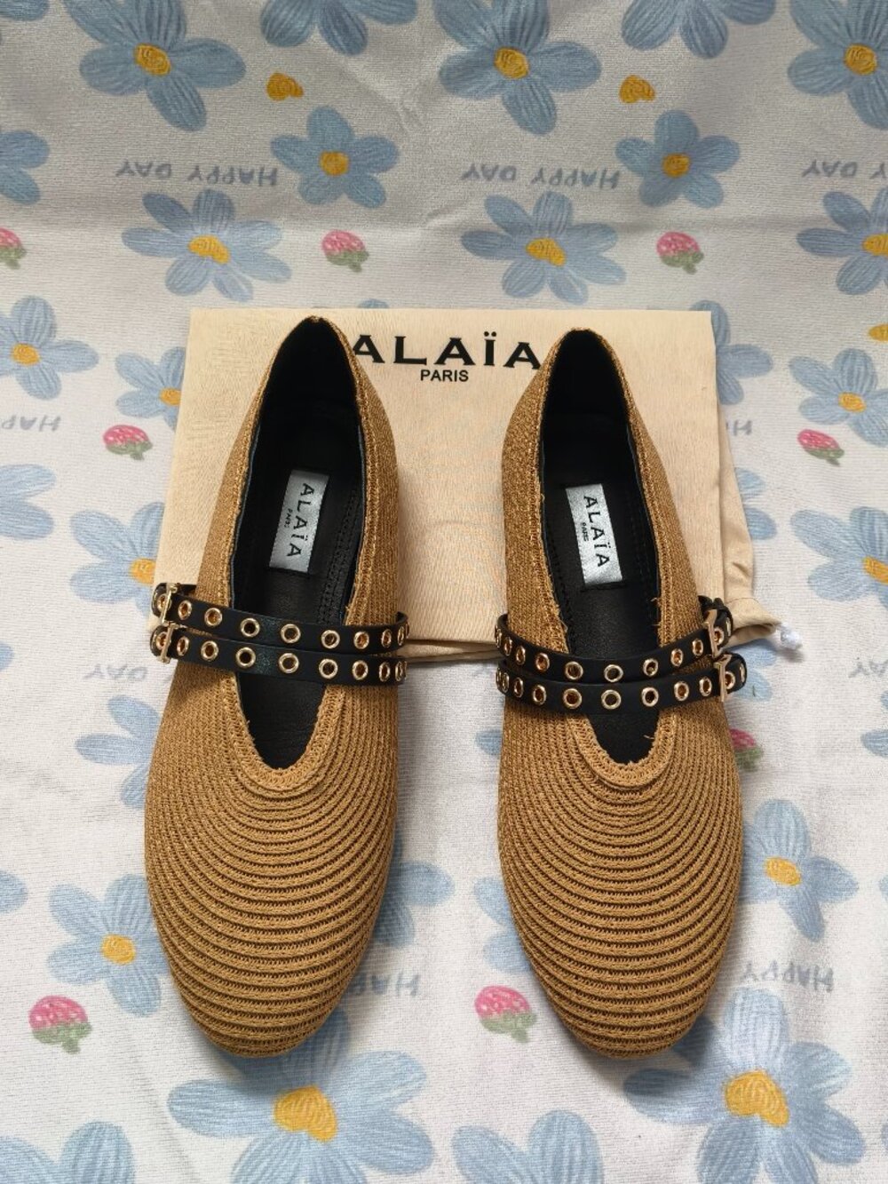 Alaia straw double-button Mary Jane flats